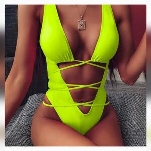 SHEIN Neon Lime Cutout Front One Piece Swimsuit